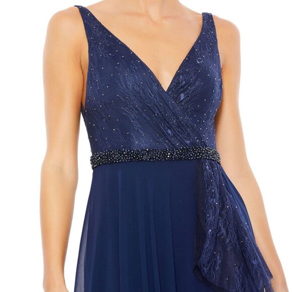 Mac Duggal Navy Lace Sequin Slit Beaded Waist Gown - Picture 3 of 3